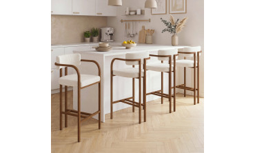 Tabourets de bar Elsa bouclette blanche pieds effet noyer - lot de 4