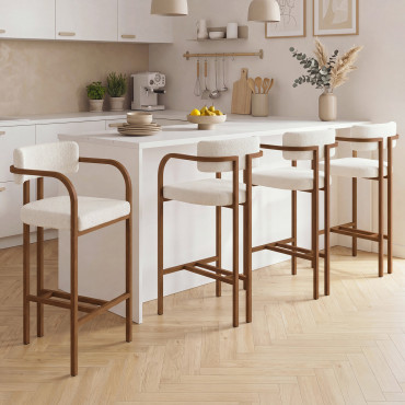 Tabourets de bar Elsa bouclette blanche pieds effet noyer - lot de 4