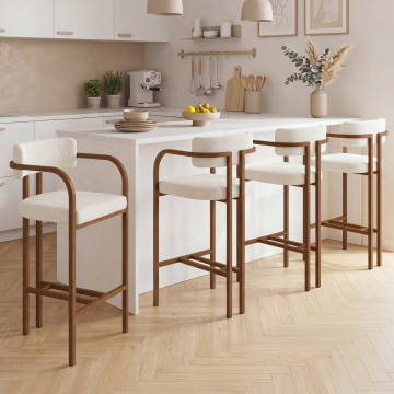 Tabourets de bar Elsa bouclette blanche pieds effet noyer - lot de 4