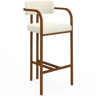 Tabourets de bar Elsa bouclette blanche pieds effet noyer - lot de 4