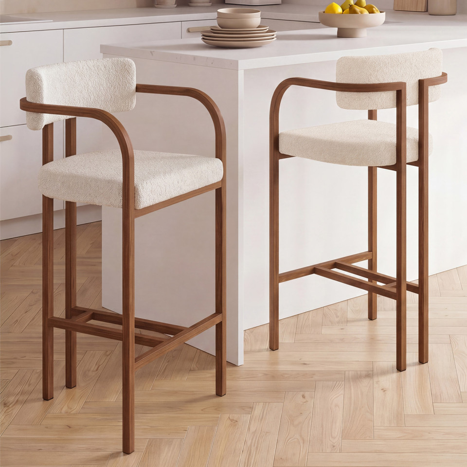 Tabourets de bar Elsa bouclette blanche pieds effet bois - lot de 2