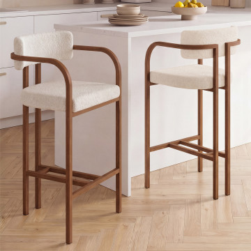 Tabourets de bar Elsa bouclette blanche pieds effet bois - lot de 2