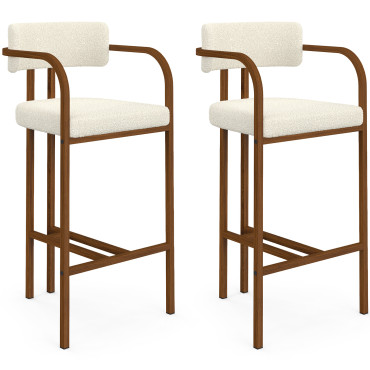Tabourets de bar Elsa bouclette blanche pieds effet bois - lot de 2