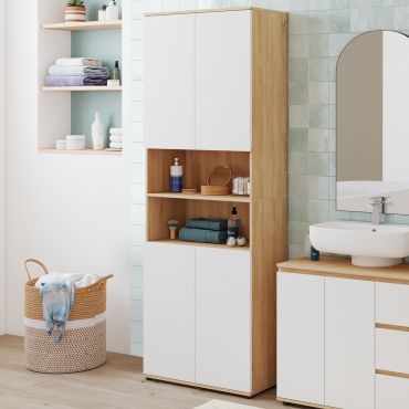 Armoire salle de bain Tom effet hêtre 4 portes blanches