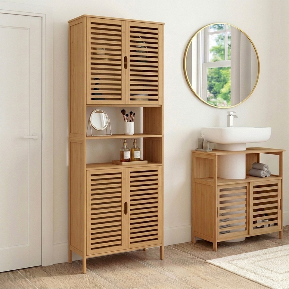 Armoire salle de bain Maya bambou 4 portes