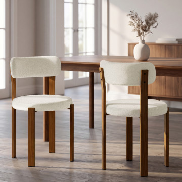 Chaises Ilona bouclette crème pieds effet noyer - lot de 4