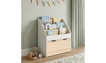 Meuble bibliothèque enfant Mia sur roulettes effet hêtre et blanc