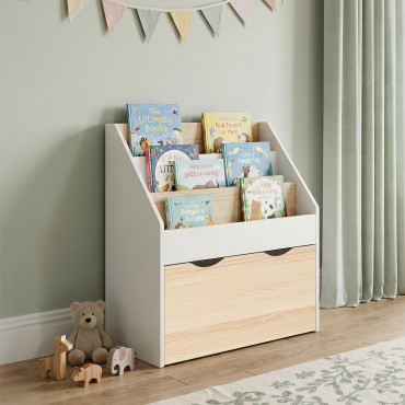 Meuble bibliothèque enfant Mia sur roulettes effet hêtre et blanc