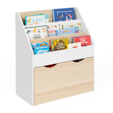 Meuble bibliothèque enfant Mia sur roulettes effet hêtre et blanc