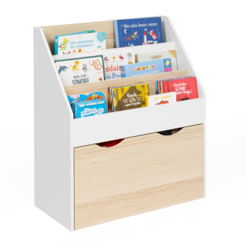 Meuble bibliothèque enfant Mia sur roulettes effet hêtre et blanc