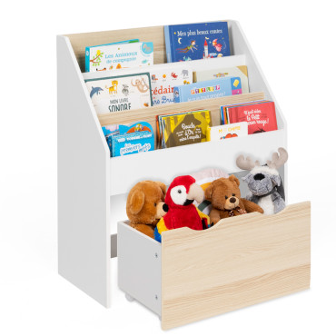 Meuble bibliothèque enfant Mia sur roulettes effet hêtre et blanc