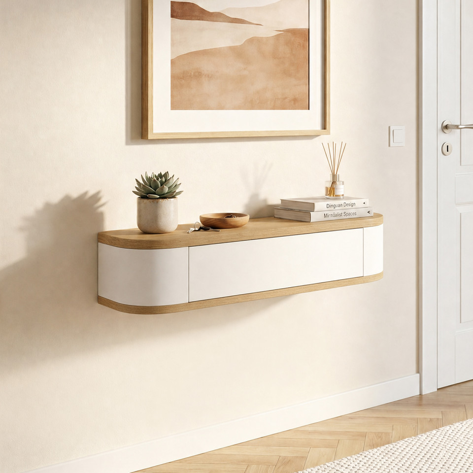 Console suspendue Elora 1 porte effet hêtre et blanc