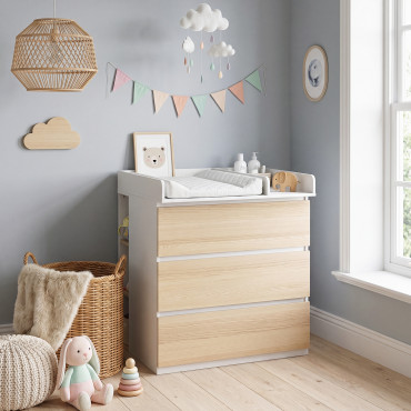 Commode à langer Aurore 3 tiroirs effet hêtre et blanc