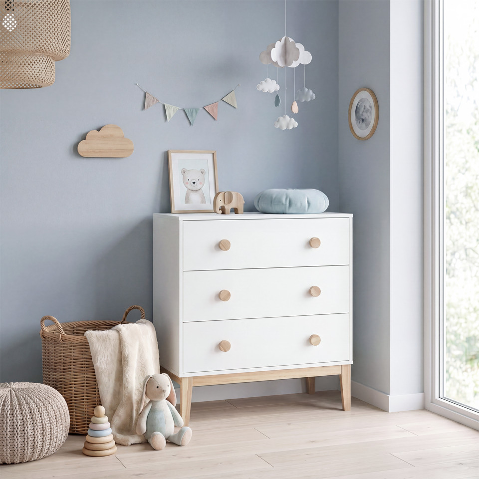 Commode enfant Bella 3 tiroirs effet hêtre et blanc