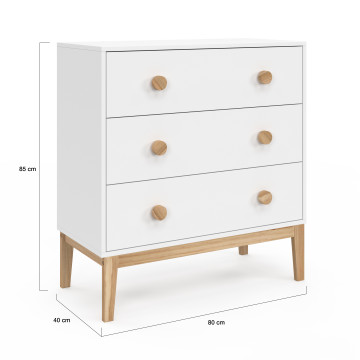 Commode enfant Bella 3 tiroirs effet hêtre et blanc