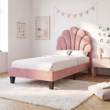 Lit simple Amalia tête de lit coquillage 90x190cm velours rose