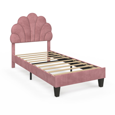 Lit simple Amalia tête de lit coquillage 90x190cm velours rose