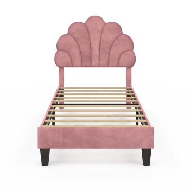 Lit simple Amalia tête de lit coquillage 90x190cm velours rose