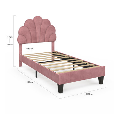 Lit simple Amalia tête de lit coquillage 90x190cm velours rose