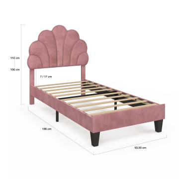 Lit simple Amalia tête de lit coquillage 90x190cm velours rose