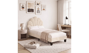 Lit simple Amalia tête de lit coquillage 90x190cm velours beige