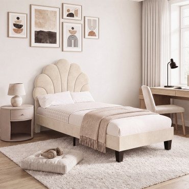 Lit simple Amalia tête de lit coquillage 90x190cm velours beige