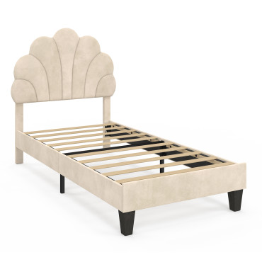 Lit simple Amalia tête de lit coquillage 90x190cm velours beige