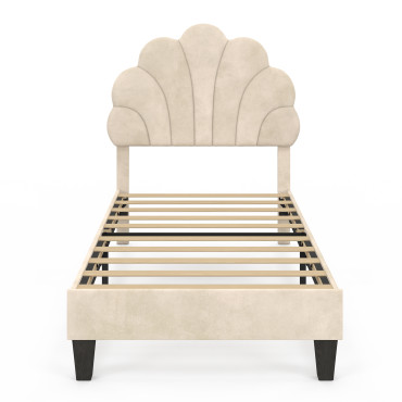 Lit simple Amalia tête de lit coquillage 90x190cm velours beige