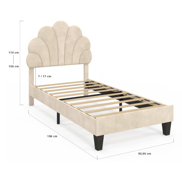 Lit simple Amalia tête de lit coquillage 90x190cm velours beige
