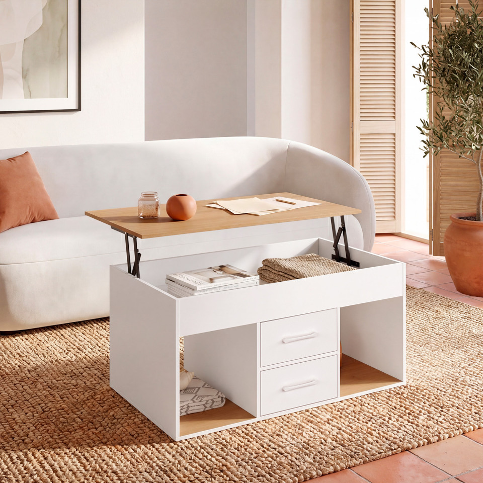 Table basse Uma relevable 2 tiroirs bois et blanc