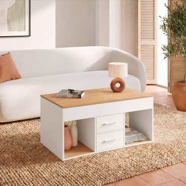 Table basse Uma relevable 2 tiroirs bois et blanc