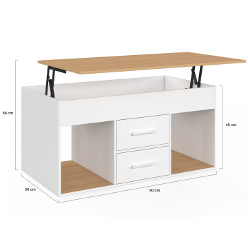 Table basse Uma relevable 2 tiroirs bois et blanc