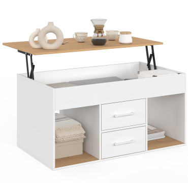 Table basse Uma relevable 2 tiroirs bois et blanc
