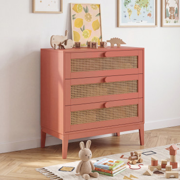 Commode enfant Lola 3 tiroirs cannage et vieux rose