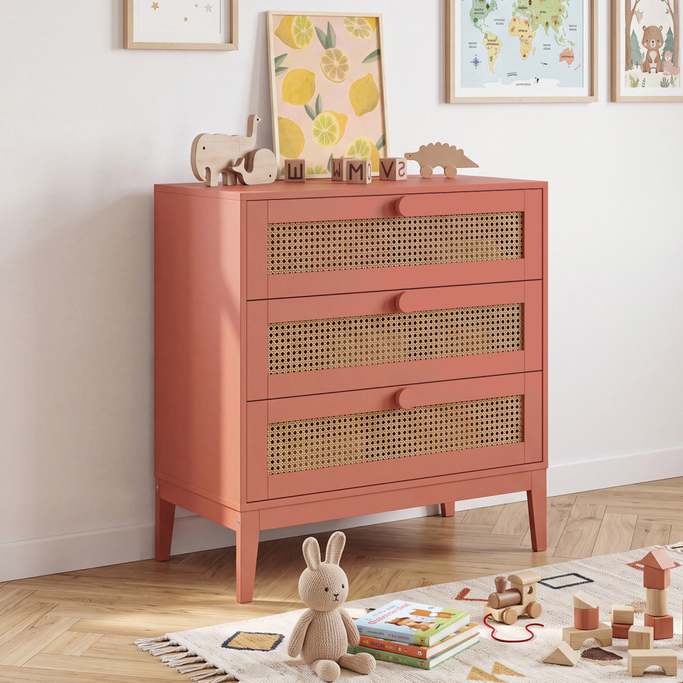 Commode enfant Lola 3 tiroirs cannage et vieux rose