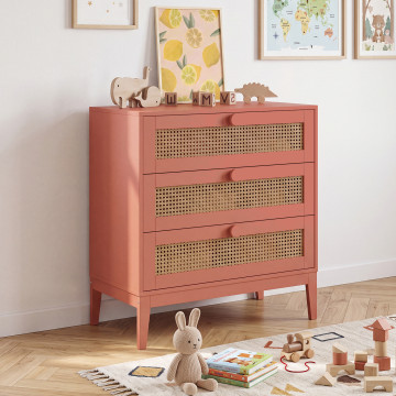Commode enfant Lola 3 tiroirs cannage et vieux rose