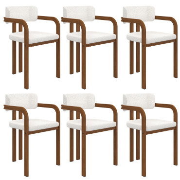 Chaises Elsa avec accoudoirs tissu beige pieds effet noyer - lot de 6