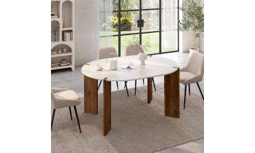 Table à manger ronde extensible Stessie effet noyer travertin Ø110-150cm