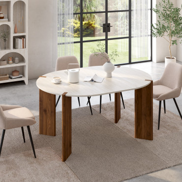 Table à manger ronde extensible Stessie effet noyer travertin Ø110-150cm
