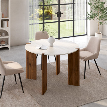 Table à manger ronde extensible Stessie effet noyer travertin Ø110-150cm