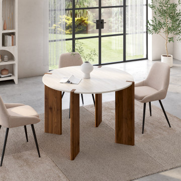 Table à manger ronde extensible Stessie effet noyer travertin Ø110-150cm