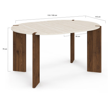Table à manger ronde extensible Stessie effet noyer travertin Ø110-150cm