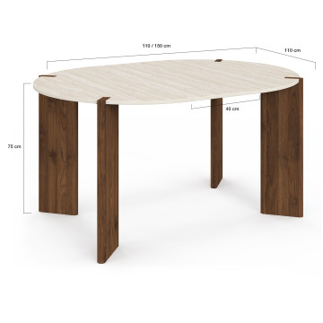 Table à manger ronde extensible Stessie effet noyer travertin Ø110-150cm