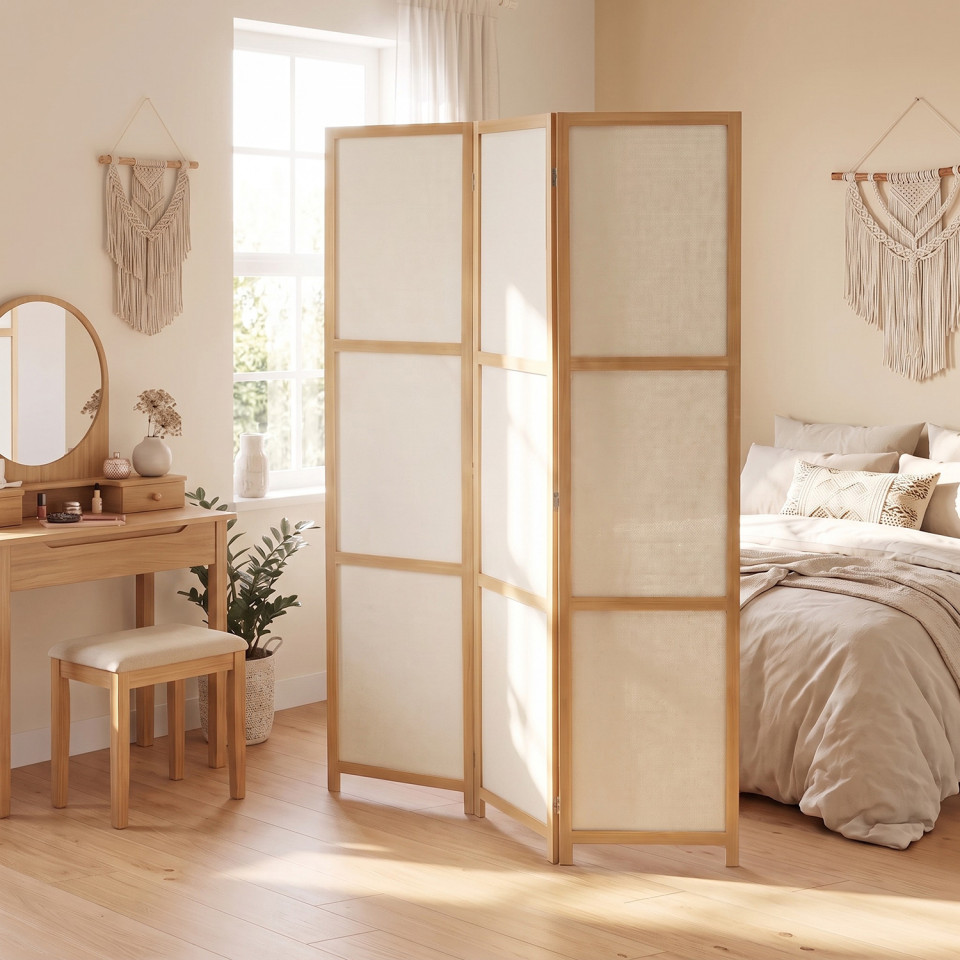 Paravent intérieur bois teinté tissu beige