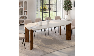 Table à manger extensible Stessie effet noyer et travertin 160-200cm