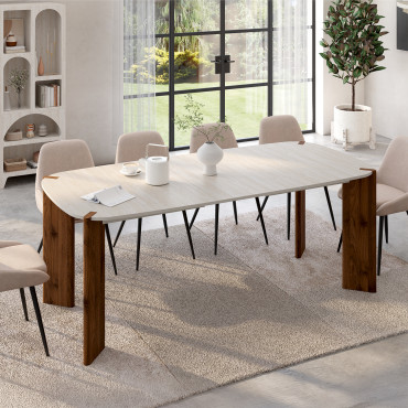 Table à manger extensible Stessie effet noyer et travertin 160-200cm