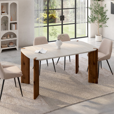 Table à manger extensible Stessie effet noyer et travertin 160-200cm