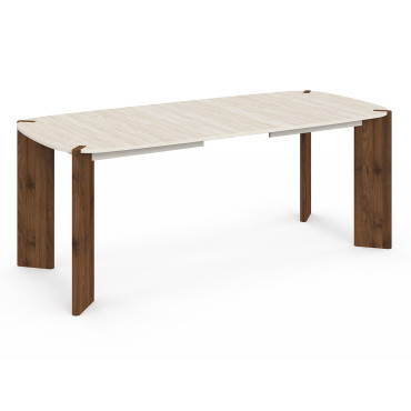 Table à manger extensible Stessie effet noyer et travertin 160-200cm