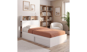 Lit simple Gaby avec rangements 90x190cm blanc bois