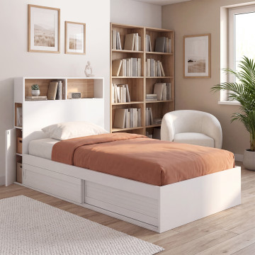 Lit simple Gaby avec rangements 90x190cm blanc bois